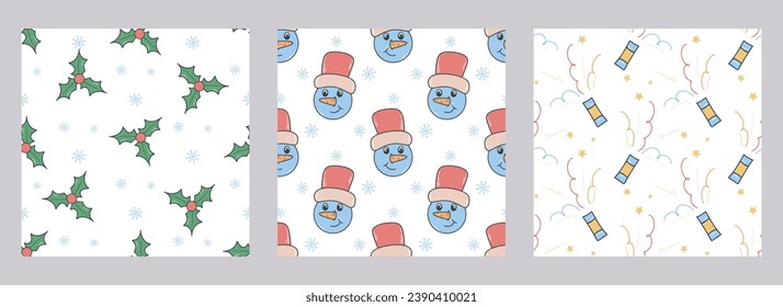 Christmas set backgrounds with snowman, holly and crackers