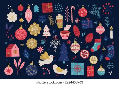 Christmas set - ball, bauble, bird, house, cookie, hot drink, candy cane, gifts, snowflakes, leaves, berries, stars, fir tree, spruce branches, cone, mistletoe, candle, flower. Winter vector elements