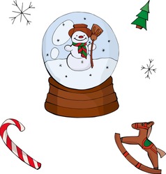 Christmas Set Of A Ball With Snow, A Snowman, Snowflakes And A Toy Horse. New Year Stickers.Crystal Ball, Snowball With Snowy Christmas Tree.