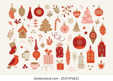 Christmas set - balls, baubles, fir tree, heart, house, gift, cup, serpentine, socks, star, berry, leaves on white background. Perfect for winter greeting cards, decorations. Vector illustration