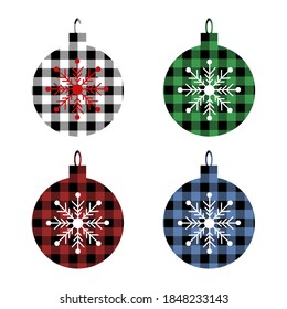 Christmas set balls with Buffalo plaid, gingham ornament in red, green, blue,  black  and snowflakes. Tartan plaid for festive background. Design for greeting card, pattern, banner.