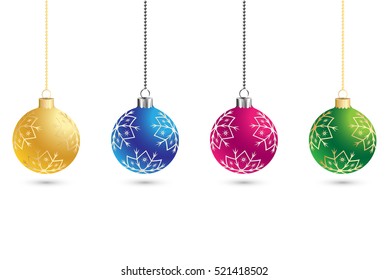 Christmas set of balls decoration background with snowflakes. Happy New Year bauble traditional. Merry Xmas greeting card . Bright shiny decorative holiday design. Vector illustration