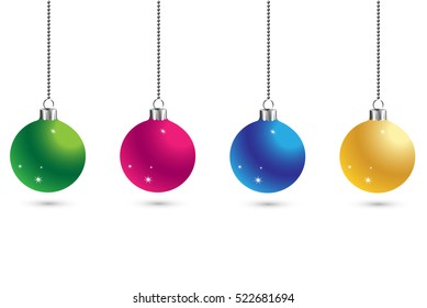 Christmas set of balls decoration background with stars. Happy New Year bauble traditional. Merry Xmas greeting card . Bright shiny decorative holiday design. Vector illustration