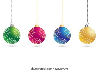 Christmas set of balls decoration background with snowflakes. Happy New Year bauble traditional. Merry Xmas greeting card . Bright shiny decorative holiday design. Vector illustration