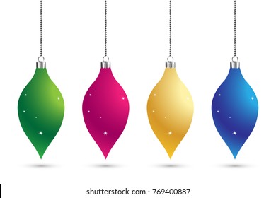 Christmas set of balls decoration background with stars. Happy New Year bauble traditional.Merry Xmas greeting card . Bright shiny decorative holiday design. Vector illustration