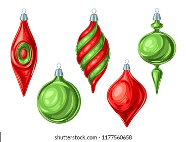 Christmas set of balls. Holiday vintage decorations for tree. Greeting celebration decor.