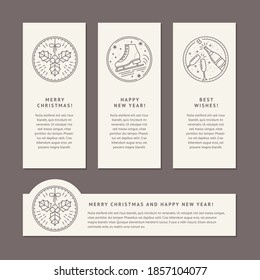 Christmas Set of Banner Templates with Line Art. Empty Space for text and Icons for Mistletoe, Champagne, Skates and Wine Glasses. Stylish Logo for Web, Mailing lists, Tags, Invitations and Greetings