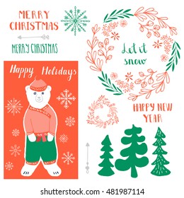 Christmas set with bear, trees, wreaths. Lettering - Merry Christmas, Happy New Year, Let it snow.