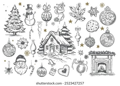 Navidades con campana, árbol, muñeco de nieve, en estilo de boceto. Dibujado a mano ilustración.	