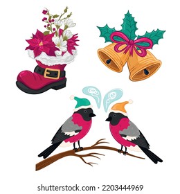 Christmas set: bells, christmas red shoe,  bullfinches or robin in Christmas had on white isolated background
