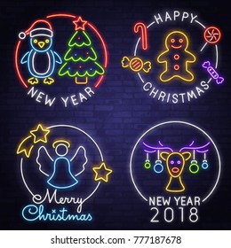 Christmas set. Big set of icons New Year and Christmas. Penguin, Reindeer, Angel, Cookie. Kit neon logo, label, emblem. Neon sign, a bright sign, the banner of light