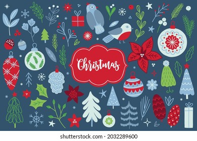 Christmas set - bird, ball, fir branch, acorn, flower, bauble, cone, spruce tree, leaves, star, holly berry, poinsettia, gift on blue background. Perfect for winter holidays. Vector illustration