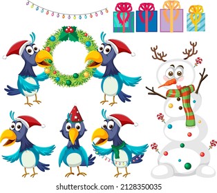 Christmas set with birds and snowman illustration