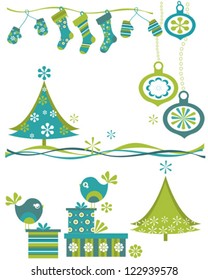 christmas set with birds and trees