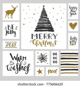 Christmas set with black and gold stickers and banners. Vector setof Christmas illustrations.