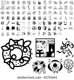 Christmas set of black sketch. Part 102-22. Isolated groups and layers.
