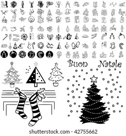 Christmas set of black sketch. Part 102-29. Isolated groups and layers.