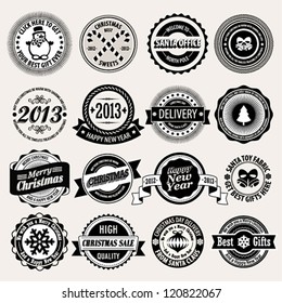 Christmas set - black and white labels, emblems. Vector illustration.