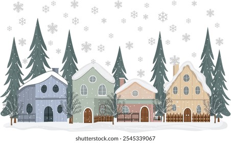 Christmas set of boho festive winter houses. Cozy boho houses decorated for the holiday collection