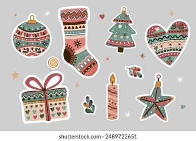 Christmas set boho style. Festive decor of Christmas and New Year stickers. Christmas tree decorations, balls, gift stocking, gift box, candle, heart, snowflakes, stars, decorations, natural colors