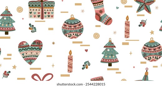 Christmas set in boho style. Festive decor of Christmas and New Year stickers. Christmas tree decorations, balls, gift stocking, gift box, candle, heart, snowflakes, stars, decorations, natural colors