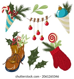 christmas set, christmas boot and mitten, decor for the holidays. vector illustration.
