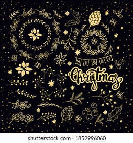 Weihnachtsgeschenk mit botanischen Elementen. Goldene Zapfen, Kiefernäste, Poinsettia, Mistelblätter und Beeren. Vektorgrafik auf schwarzem Hintergrund. Für Winterdesign, Verpackungspapier, Textilien.
