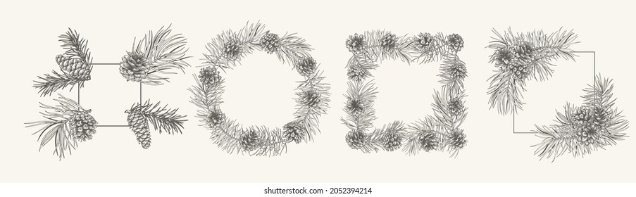 Christmas set botanical frames with fir and pine branches and cones. Winter logos isolated on white background. Engraving style. Black and White.