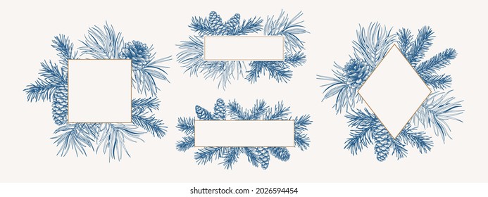 Christmas set botanical frames. Vector collection with fir and pine branches and cones. Winter logos isolated on white background. Blue and White.