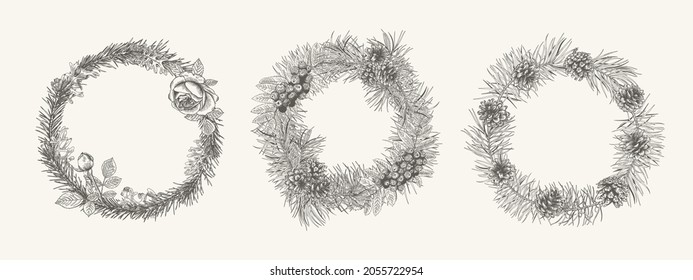 Christmas set botanical wreaths. Vector template with fir and pine branches and cones. Winter logo isolated on white background. Engraving style. Black and White. 