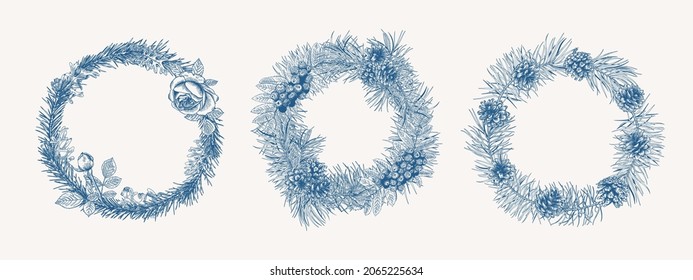 Christmas set botanical wreaths. Winter template with fir and pine branches and cones. Botanical  logo isolated on white background. Engraving style. Blue and White. 