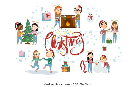 Christmas set. Boys with Santa's hats and girls with deer horns celebrate the new year, decorate the Christmas tree, unwrap gifts and have winter fun. Vector illustration of kids