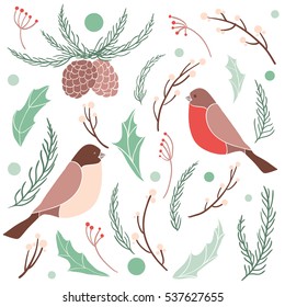 Christmas set with branches, leaves and berries. Template for Greeting card, Congratulations, Invitations. Hand drawn winter holiday collection with birds and floral elements