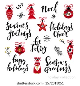 Christmas set of branches, christmas tree balls and hand drawn lettering. Hand drawn design elements in vector.