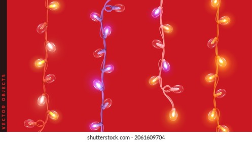 Christmas set of burning garland. Lamps shining lights. Colored Neon led bulb. Xmas holiday decor. Realistic 3d design light effect. New year decorative element multicolored lamps. Vector illustration