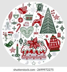 Christmas set with cake, Christmas tree, deer, winter design elements and holiday decorations. Isolated vector illustration in a round shape, hand drawing style. Winter elements for design
