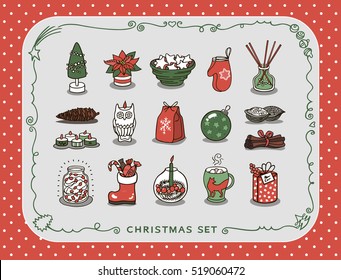 Christmas set with candles and gifts in vector graphic images on red background
