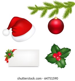 Christmas Set From Cap Of Santa Claus, Holly Berry, Branch With New Year's Sphere And Blank Gift Tag, Isolated On White Background, Vector Illustration