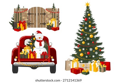 Weihnachtsset - ein Auto mit Geschenkboxen, ein Schneemann und ein Weihnachtsbaum im Kofferraum. Ein rotes Auto transportiert Weihnachtsgeschenke und einen freundlichen Schneemann. Illustrierter Vektorclipart. Handzeichen keine Luft. 