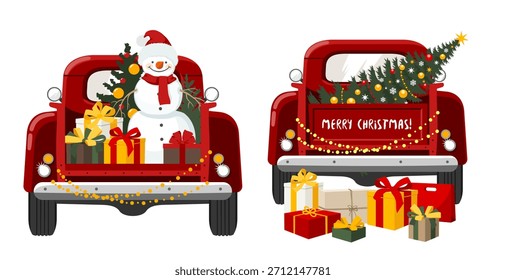 Weihnachtsset - ein Auto mit Geschenkboxen, ein Schneemann und ein Weihnachtsbaum im Kofferraum. Ein rotes Auto transportiert Weihnachtsgeschenke und einen Tannenbaum. Illustrierter Vektorclipart. Handzeichen keine Luft. 