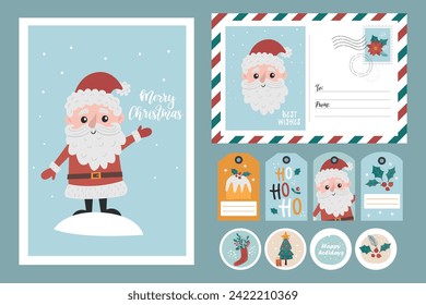 Christmas set of card, envelope and gift tags with Santa Claus. Cute characters and decor in a simple hand-drawn childish style.