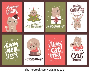 The Christmas set of cards with cats and quotes about Happy New Year. The vintage design is good for holiday designs. The vector illustration