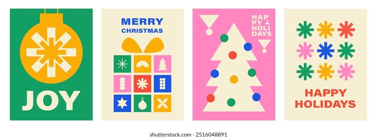 Christmas set cards in geometric flat style. Minimalistic modern backgrounds with abstract elements. Vector illustration