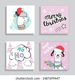 Christmas set of cards with a llama on a white and pink background