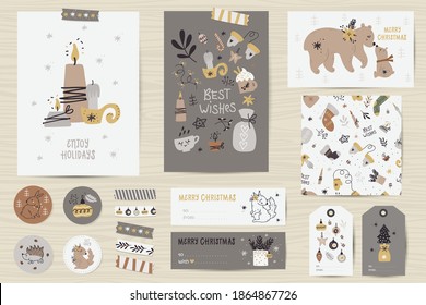 Christmas set with Christmas cards, notes, stickers, labels, stamps, tags with christmas illustrations. Printable cards templates.