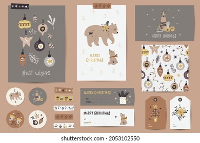 Christmas set with Christmas cards, notes, stickers, labels, stamps, tags with christmas illustrations. Printable cards templates.
