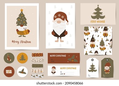 Christmas set with Christmas cards, notes, stickers, labels, stamps, tags with cute gnomes. Printable cards templates.