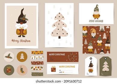 Christmas set with Christmas cards, notes, stickers, labels, stamps, tags with cute gnomes. Printable cards templates.