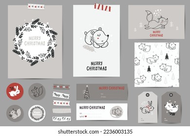 Christmas set with Christmas cards, notes, stickers, labels, stamps, tags with forest animals. Printable cards templates.