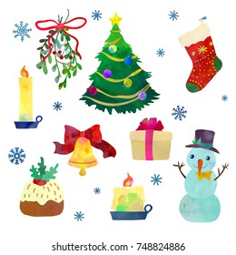 Christmas set. Cartoon clip art illustration on isolated background. Watercolour imitation.